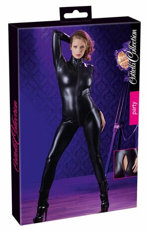 Wetlook Catsuit Met Lange Mouwen En Rits - Zwart